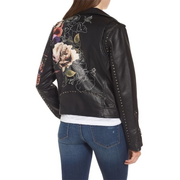 NWT Floral Printed Faux Leather Moto Jacket Vegan - Picture 2 of 7